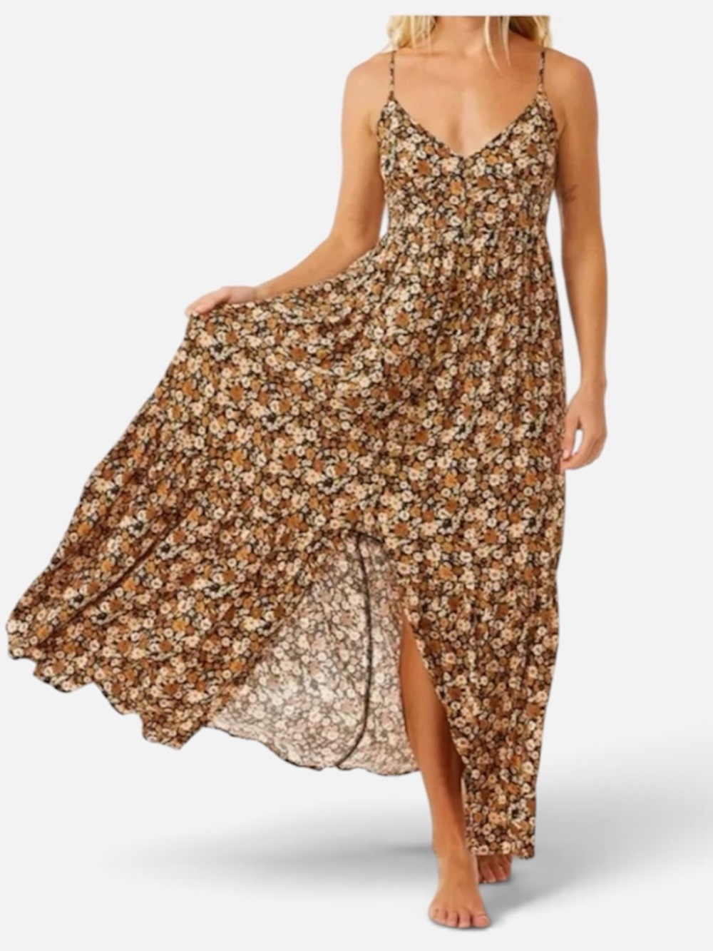 Rip Curl Brown & Black Floral Maxi Dress Front Slit A-Line Silhouette Medium